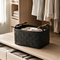 Bra Storage Basket Decorative Organizer Leather Storage Basket Wooden Handles for Dressing Room, Closet