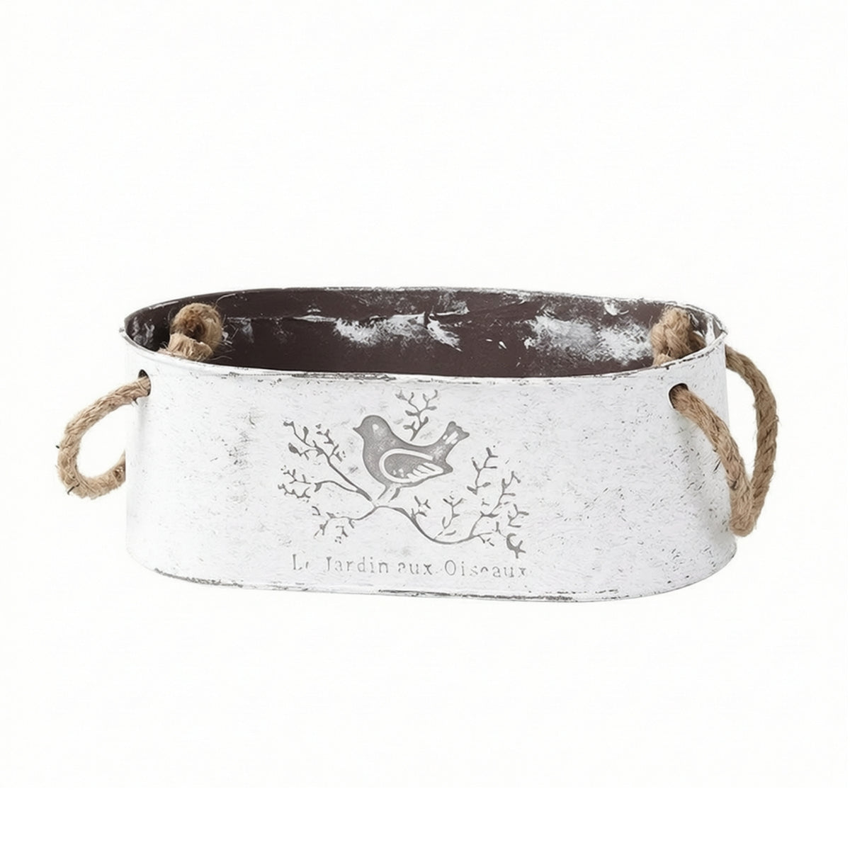 Rustic Oval Planter with Rope Handles Shabby Chic Metal Flower Pot with Bird Motif Multipurpose Metal Flower Pot with Handles Lightweight for Windowsill