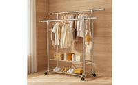 Adjustable Double Rod Clothes Rack Space-Saving Clothes Rack with Wheels Mobile Portable for Laundry Room, Entryway
