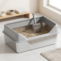 Stainless Steel Cat Waste Receptacle, Top-Entry Cat Toilet with High Fence, Enclosed Litter Tray with Step, Easy Cleaning Metal Litter Pan