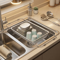 Expandable Dish Rack and Dish Drainer with Sink Strainer, 304 Stainless Steel Draining Board with Handles, Space Saving Kitchen Sink Organizer