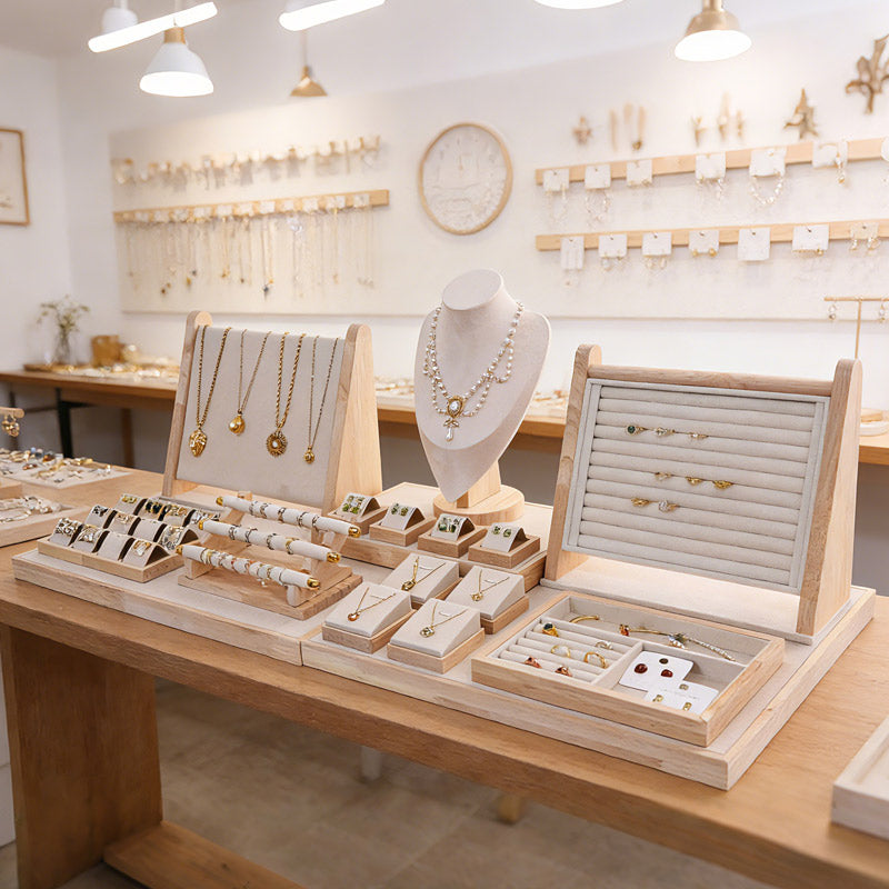 Jewelry Store Display Rack Set with Necklace, Earring, Ring, and Bracelet Holders, Beige