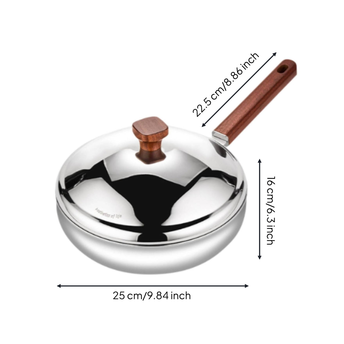 316L Stainless Steel Pot with Lid Mirror Polished Stainless Steel Pan with Wooden Handle Durable Single Handled Cooking Pan Rust-Proof for Home Cooks, Gas Stoves
