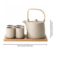 Ceramic Tea Set Speckled Clay Tableware Wooden Tray