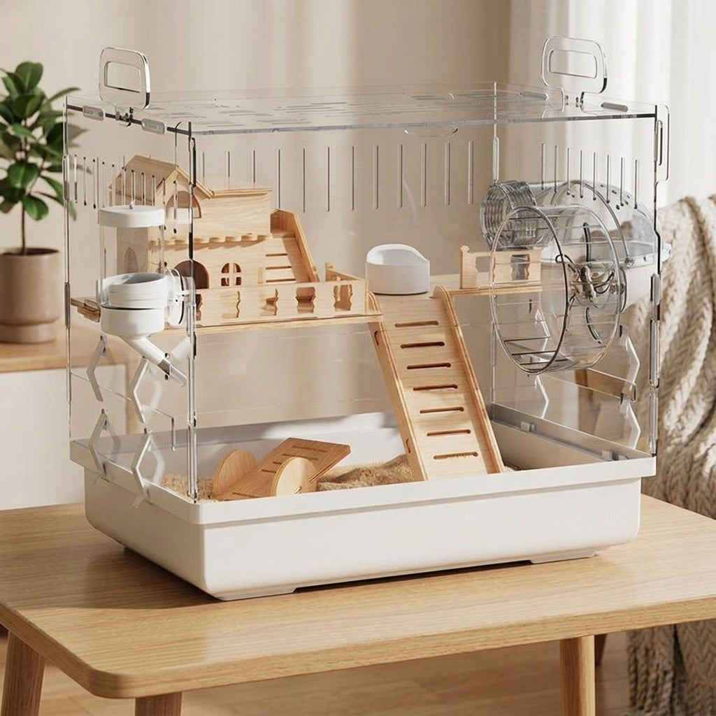 Large Hamster Cage with Wire Mesh Top, Luxury House Shape for Syrian and Dwarf Pets, Easy Spotless Transparent Acrylic Design with Deep Bedding Area