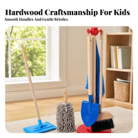 6 Pieces Storage Stand Wooden Cleaning Toy Set Role-Play Pretend Cleaning Kit Bristle and Textile Heads Kids Broom Mop Set Colored Parts for Children