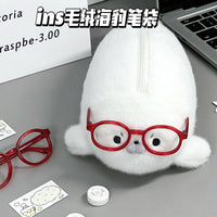 圆滚滚眼镜海豹笔袋可爱毛绒玩偶高颜值立体ins学生文具收纳笔袋.