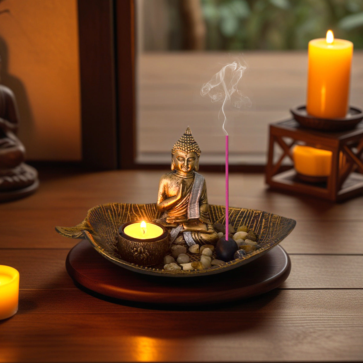 Resin Buddha Candle Holder Decorative Zen Figurine for Spa and Yoga