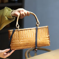 Handwoven Bamboo Bag Zen Style Handbag Tea Set Storage Basket for Women
