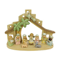 11-Piece Cartoon Nativity Scene Resin Craft Set with Tree and Stable