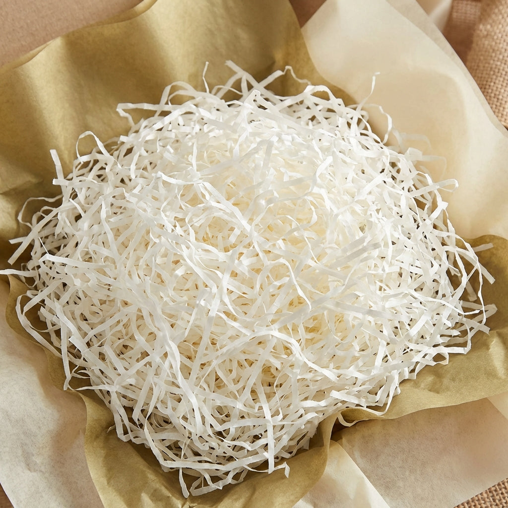 White Shredded Paper Crinkle Cut Hamper Filling, Biodegradable Zigzag Tissue Gift Box Filler for Easter Baskets, Packaging & Wrapping
