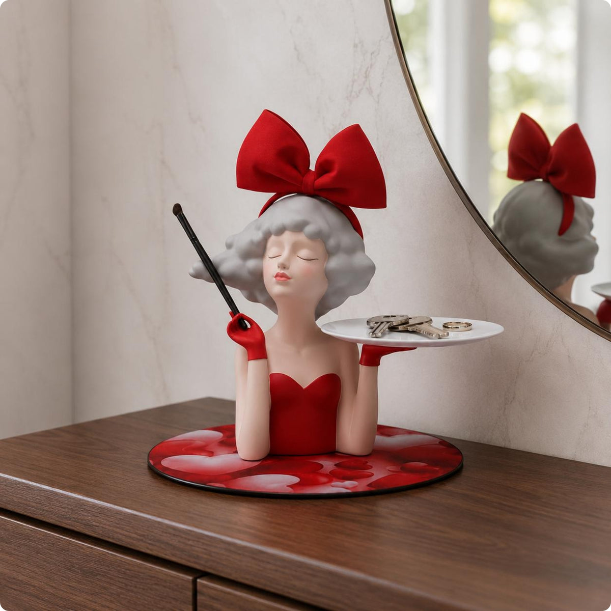 Attracting Tray Statue Red Girl Figurine with Tray Cloud Pattern Base
