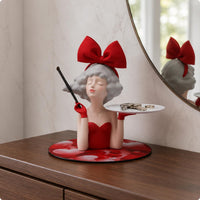 Attracting Tray Statue Red Girl Figurine with Tray Cloud Pattern Base