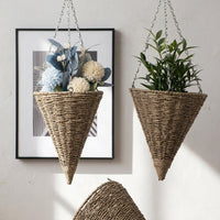 Hanging Basket Set of 3 for Plant Pot Display, Woven Basket with Chain for Hanging Plant, Cone Shape Wall Planter, Rustic Garden Decoration