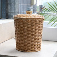 Wicker Storage Basket with Lid Open-Weave Rattan Storage Basket Cylindrical
