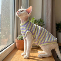 Sleeveless Vest Cat Tank Top, Breathable Polyester Hairless Cat Clothing with a Striped Pattern, Comfortable Striped Cat Vest Pet Summer Wear