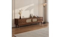 Retro Rattan TV Stand with Doors Low-Height TV Cabinet with Rattan Doors Tapered Wooden Credenza Woven for Living Room, Apartment