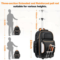 Rolling Tool Backpack with 75 Pockets and Molded Base for Electricians and Construction Work