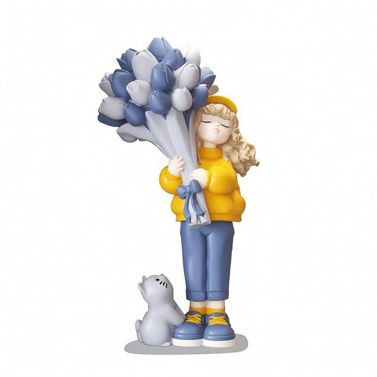 Girl Figurine with Cat Elegant Sculpture with Bouquet Cute for Entryway