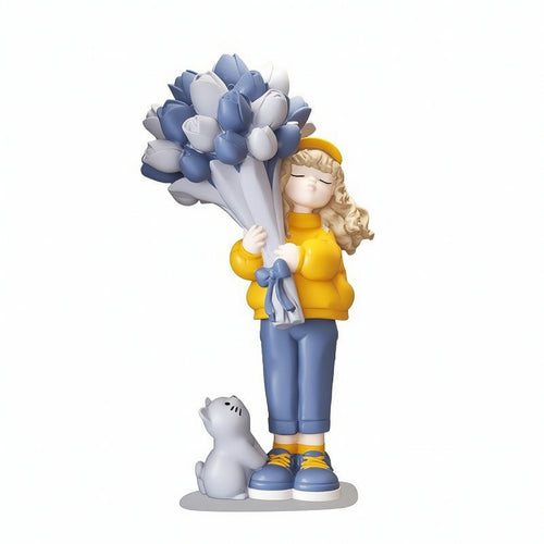 Girl Figurine with Cat Elegant Sculpture with Bouquet Cute for Entryway