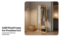 Standing Coat Rack with Mirror Wooden Clothes Stand Storage Organizer Garment Rack Combination with Shelves and Hooks Space-saving Function Suitable for Renters Adults Entryway Bedroom Apartment
