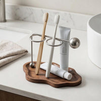 Toothbrush Holder with Wood Base | Minimalist, Modern, Metal Frame Toothbrush Stand, for washroom Countertop