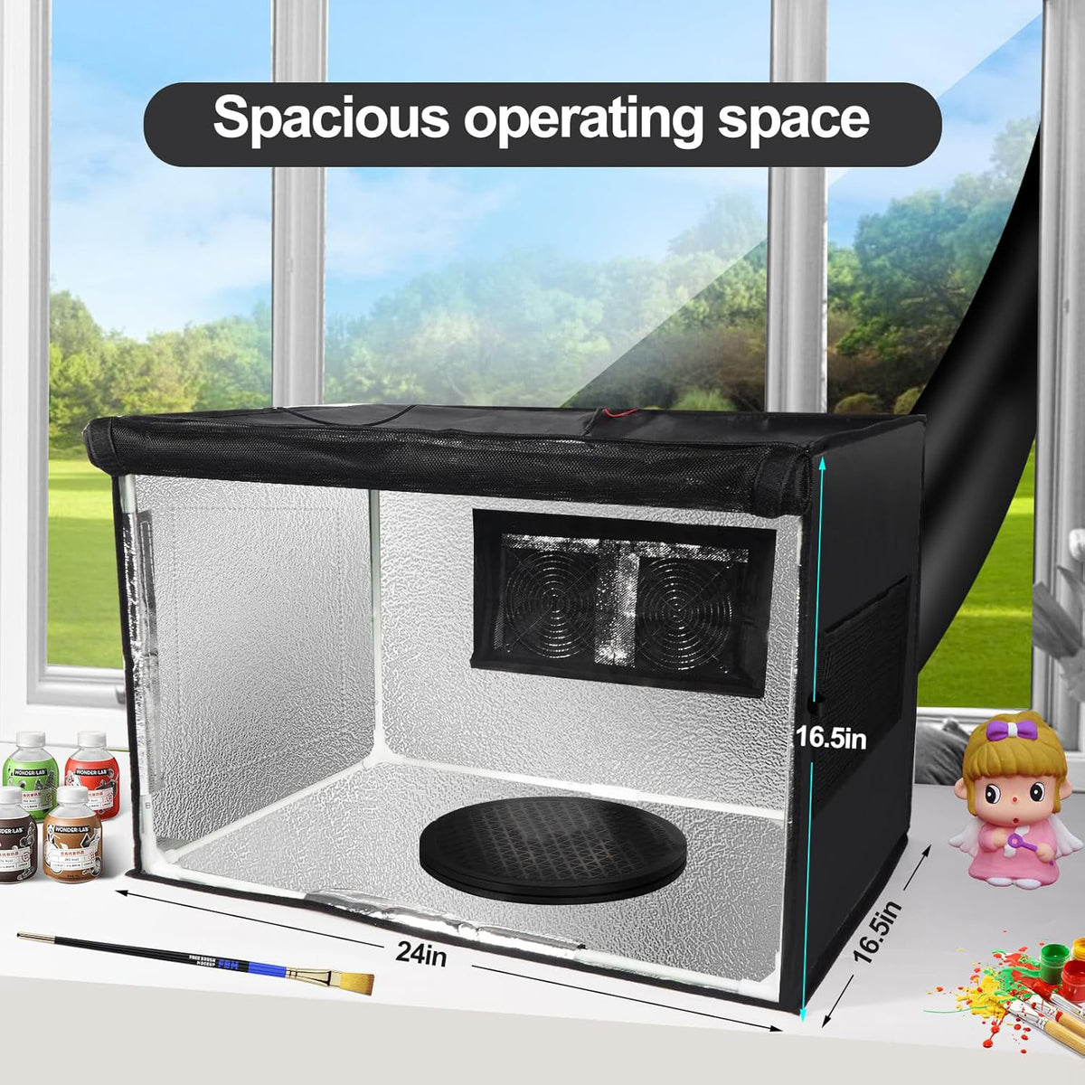 Portable Airbrush Spray Booth with Dual Fans, Adjustable LED Light and 360-Degree Turntable (US Plug)