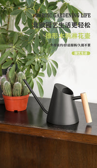 亚马逊不锈钢锥形木柄浇水壶园艺洒水壶一个起批绿植浇花水壶家用