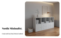 Minimalist Design Multi-Compartment Floor Organizer Childreachible Height 3-Tier Media Shelf adaptable Use Storage Cabinet Space Saving for Apartment Dwellers, Homeowners, Playroom, Nursery, Living Room, Small Spaces