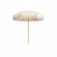 Fringe Patio Umbrella Adjustable Tilt Wooden Pole Sunshade for Poolside