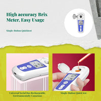 Digital Brix Refractometer, high-accuracy sweetness meter, fruit sweetness tester, portable handheld, automatic temperature compensation, suitable for watermelon, fruits, oranges, beverages, food, and laboratory use.