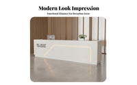 Contemporary Salon Front Desk High-Gloss Finish Minimalist Welcome Desk Sleek Look White LED Reception Counter for Retailers, Salons, Spa, Hotel Lobby