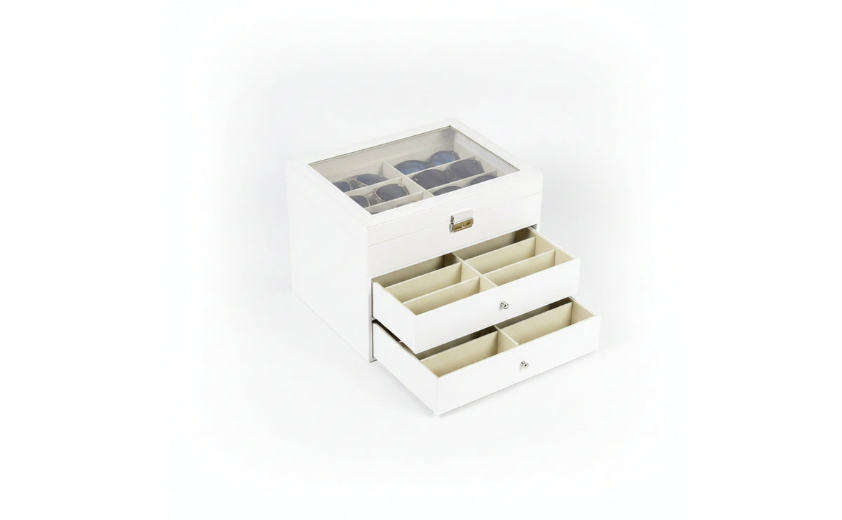 Three-Tier Eyewear Organizer 24-Compartment Glasses Display Case with Lid Transparent Sunglass Box with Drawer Clear for Collectors, Dressing Table, Closet