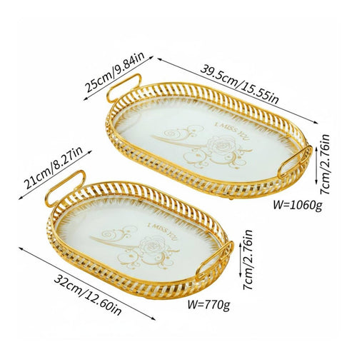 Gold Oval Tray with Handles Creative Handle Design Iron Art Storage Plate