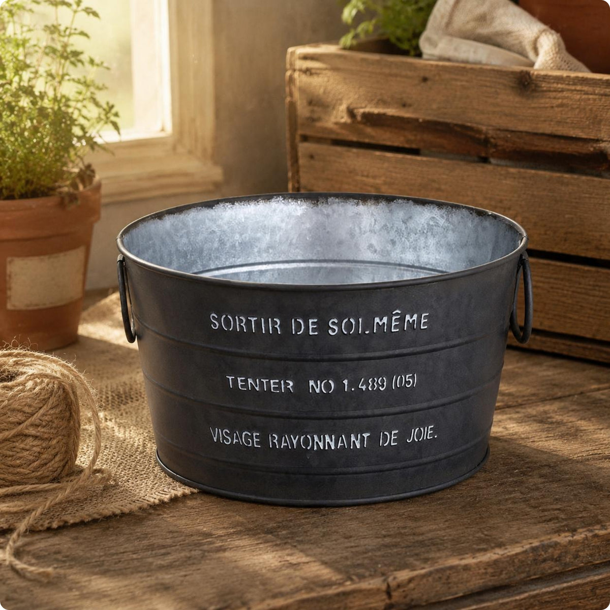 Rustic Metal Flower Pot Printed French Text Tapered Planter Bucket Side Handles