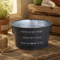 Rustic Metal Flower Pot Printed French Text Tapered Planter Bucket Side Handles