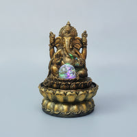 Antique Gold Ganesha Statue with Light Illuminated Deity Statue with Crystal Sphere Spiritual Decorative Sculpture Resin for Altar