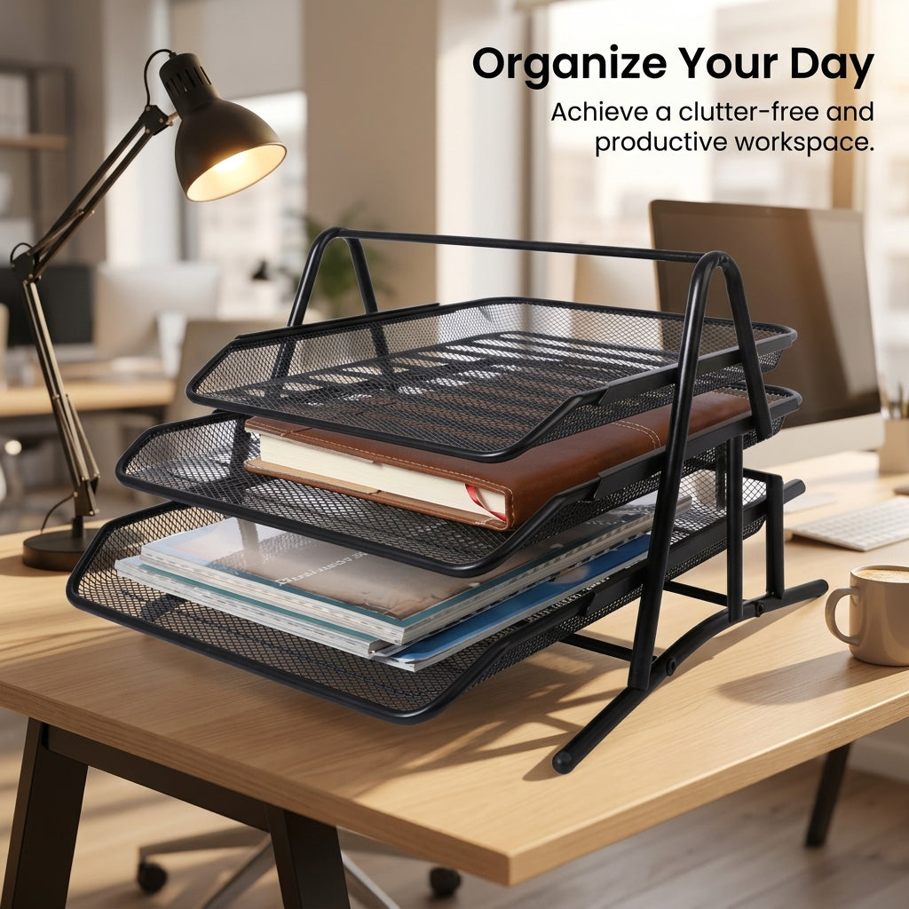3-Tier Metal Mesh Desk Organiser, Stackable File Organizer for Office Workers, Desktop Storage Letter Tray, Black Wire Document Holder