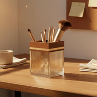Acrylic Makeup Brush Holder Multi-Functional Square Vanity Brush Cup Elegant Design Walnut Wood Cosmetic Organizer for Office Desk, Washroom Counter