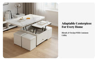 5 Pieces Multi-Functional Lift-Top Coffee Table with Stools Space-Saving Lift-Top Coffee Table Extendable Tabletop Living Room Furniture Sturdy Construction for Apartment Dwellers, Distant Workers, Families, Small Areas, Dining Area, Home Office