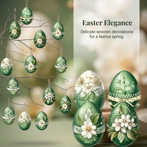 Easter Wooden Hanging Decorations, 12 Piece Egg Ornaments with Rope, Boxwood Indoor Outdoor Decor - Image 2