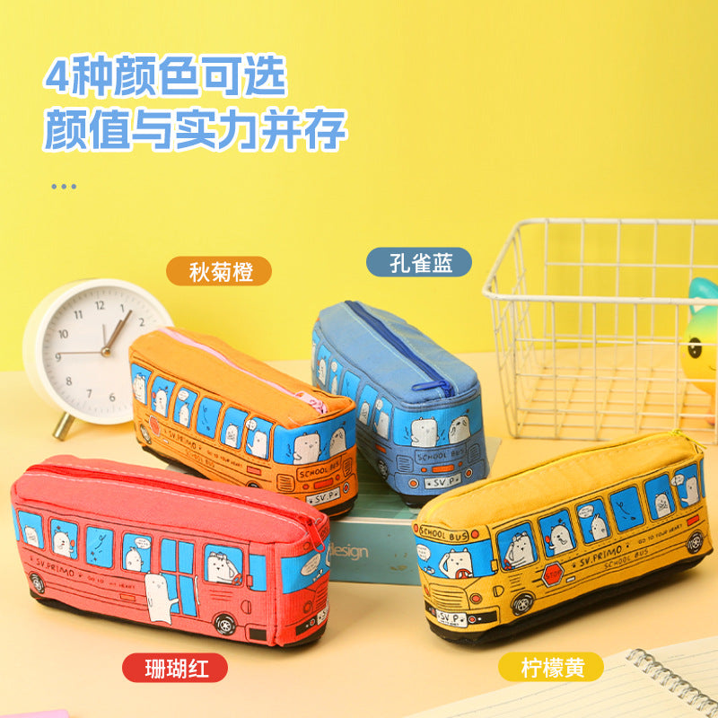 Cartoon Bus-Shaped Large Capacity Pencil Case - Korean Style Canvas Pencil Bag