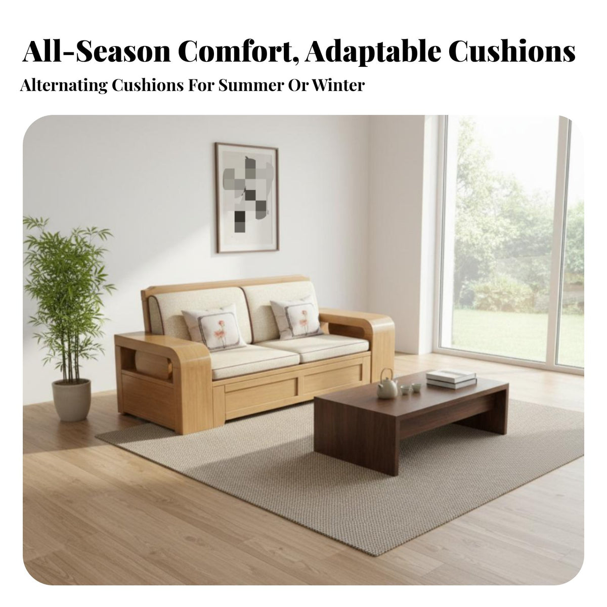 Wooden Sofa with Drawers New Chinese aesthetic Living Room Furniture two-season Season Use Couch for Small Apartment Dwellers, Homeowners, Office, Home, Bedroom