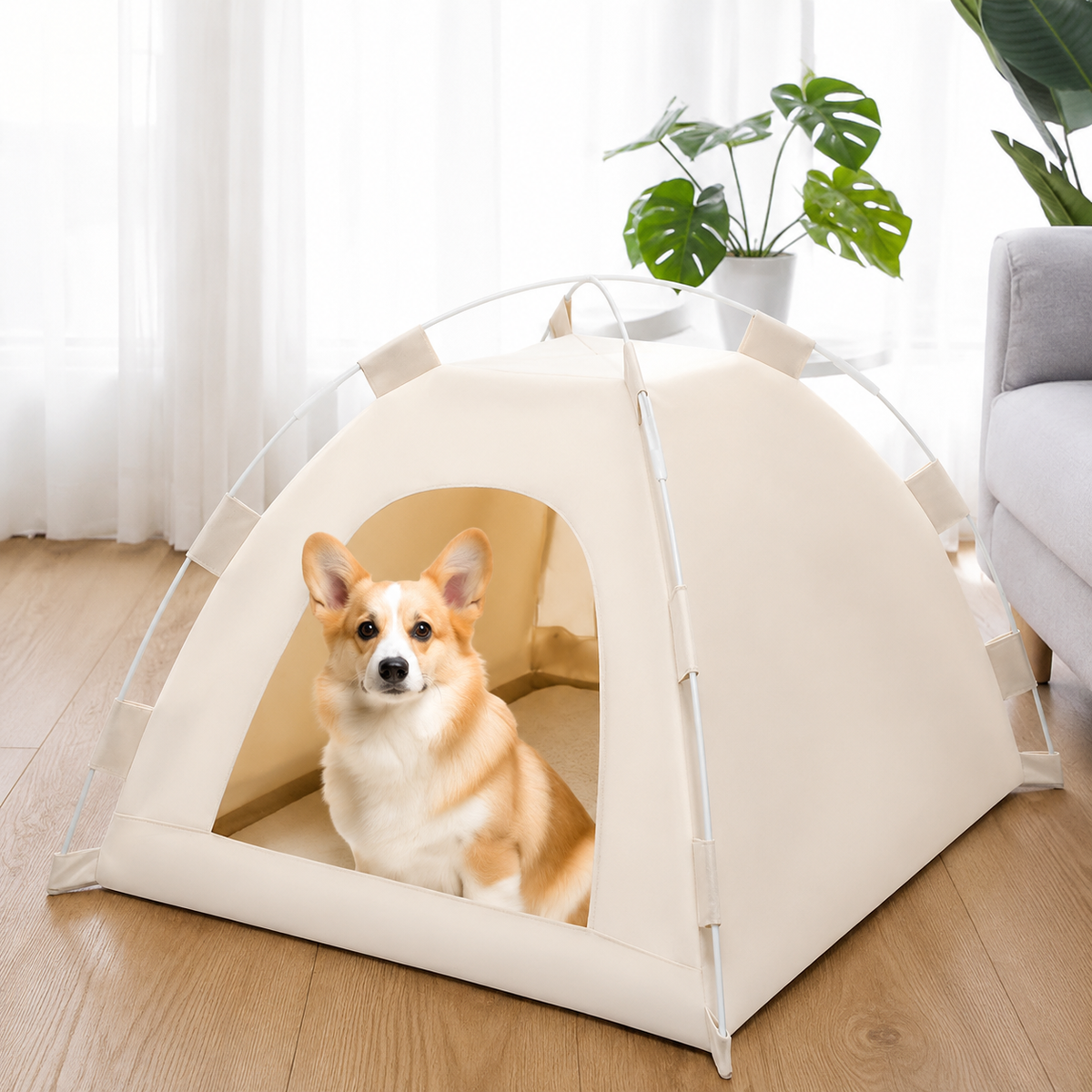 Waterproof Outdoor Cat House, Pet Tent with Removable Mat, All-Season Washable Fabric Coffee Cat House for Garden