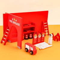 Wooden Fire Station Set Painted Fire Assist Toy Scene Bright Red Firefighter Figure Set for Kids