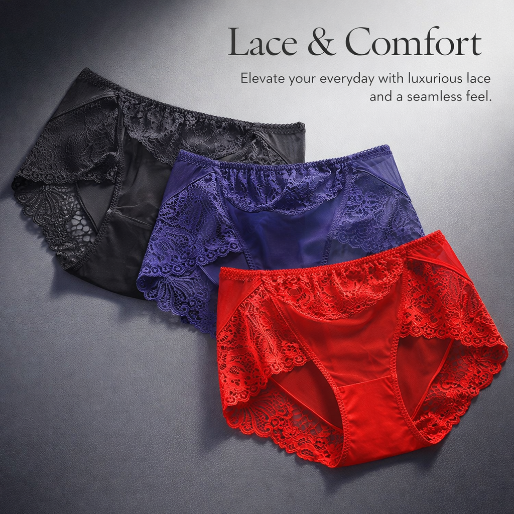 Women's Underwear with Lace Detailing and Gusset Lining, Breathable Ice Silk Panties for Everyday Wear, Seamless No Show Knickers