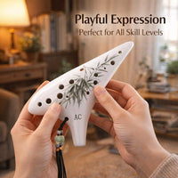 12 Hole, Professional Tuning, Ergonomic Grip, Sunset Yellow Fired Ceramic Musical Instrument Gift fo - White with Bamboo Pattern