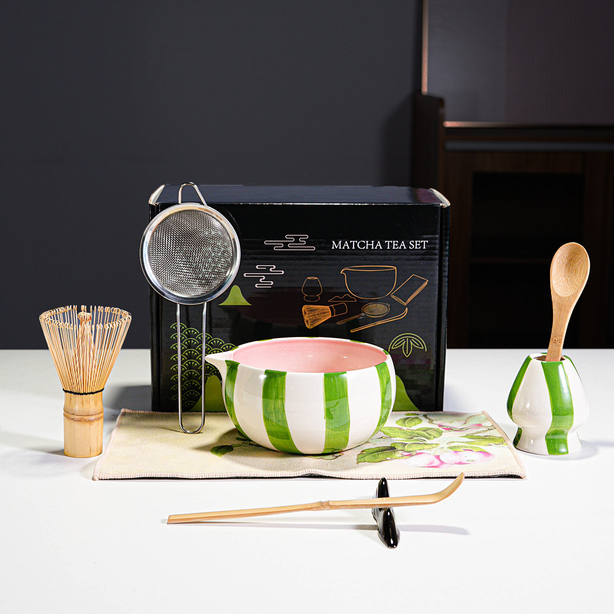 Ceramic Painted Striped Matcha Tea Set with Whisk Accessory