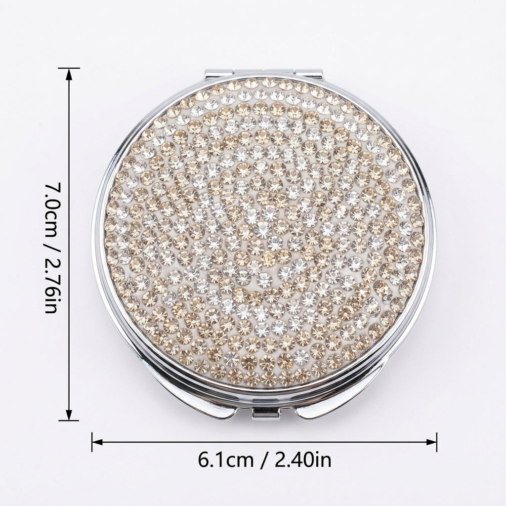 Compact Folding Mirror Double Sided for Handbag, Portable Travel Makeup for Women and Girls, Square Pocket with Rhinestone