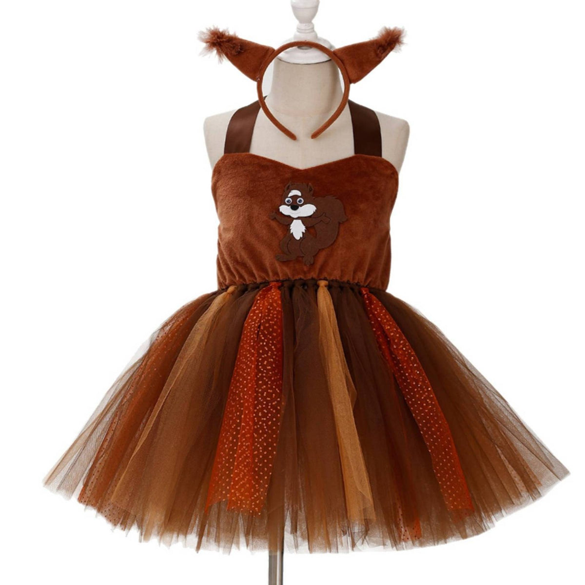 Squirrel Costume Dress Includes Headband Animal Outfit Soft Bodice Tulle Animal Dress for Girls, Halloween